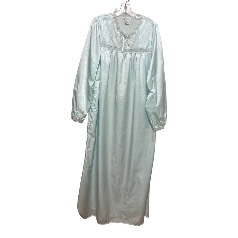 Belle Fleur Vintage Mint Green Satin Lace Nightgown Long Sleeve Maxi Sleepwear L
